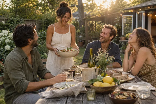 Friends enjoying a meal outside in a concept post